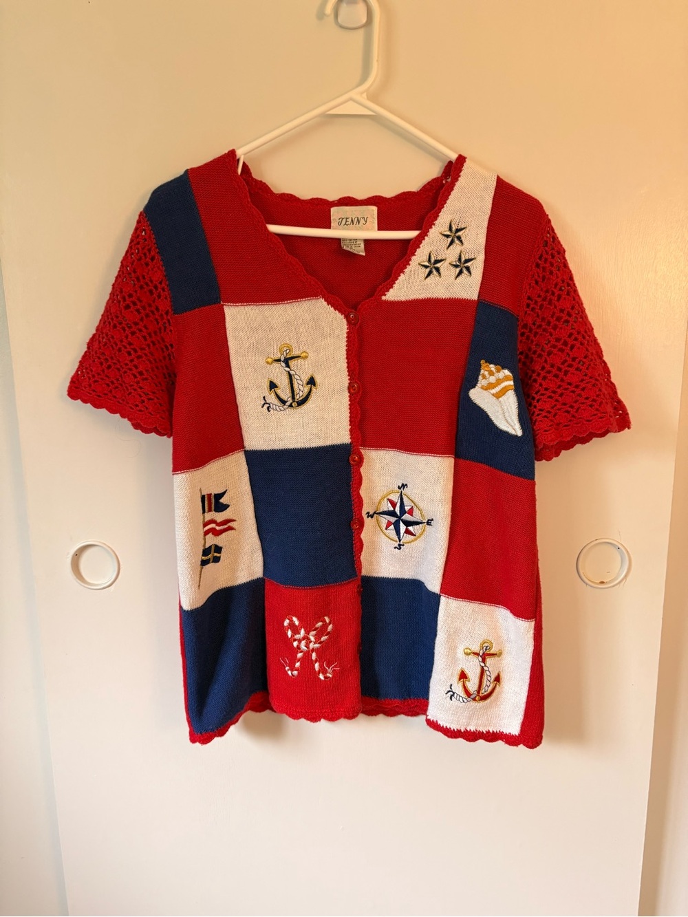 vintage 1990s nautical patchwork knit cardigan by the clothing brand Jenny